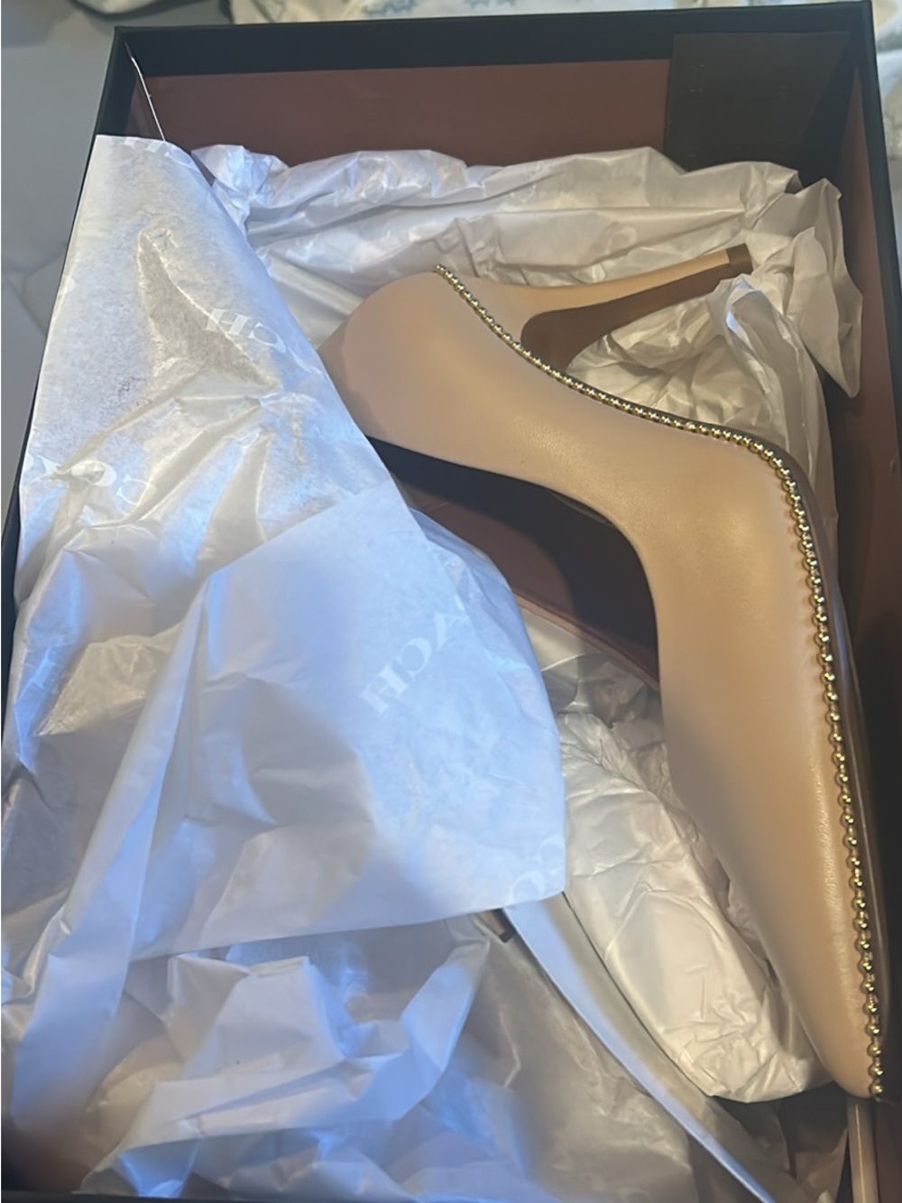 Coach Nude Leather Pointed Toe Pump with Gold Bead Trim
